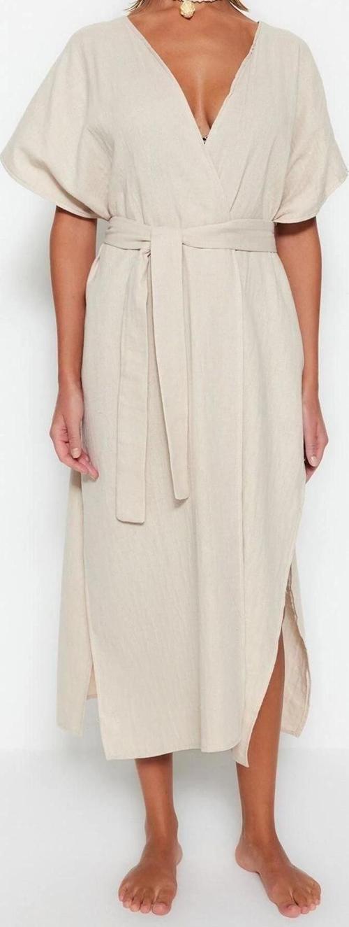 Moda Dokuma Oversize Kalıp Uzun V Yaka Standart Kol Müslin Kruvaze Düz Desen Kimono Kaftan