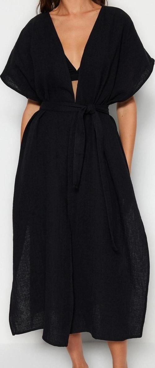 Moda Dokuma Oversize Kalıp Uzun V Yaka Standart Kol Müslin Kruvaze Düz Desen Kimono Kaftan