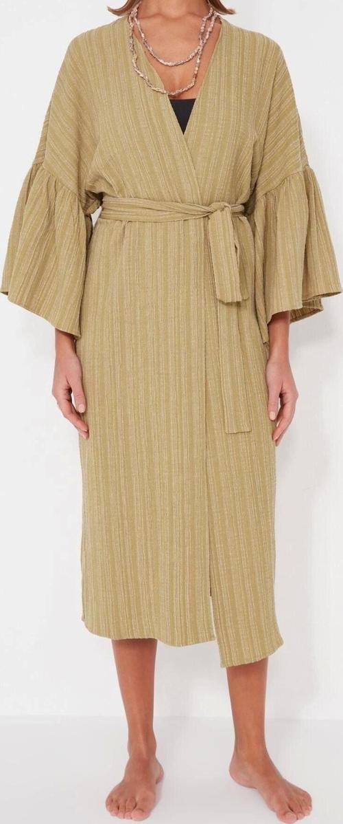 Moda Örme Regular Kalıp Uzun V Yaka Büzgülü/Fırfırlı Kol Müslin Basic Düz Desen Kimono Kaftan