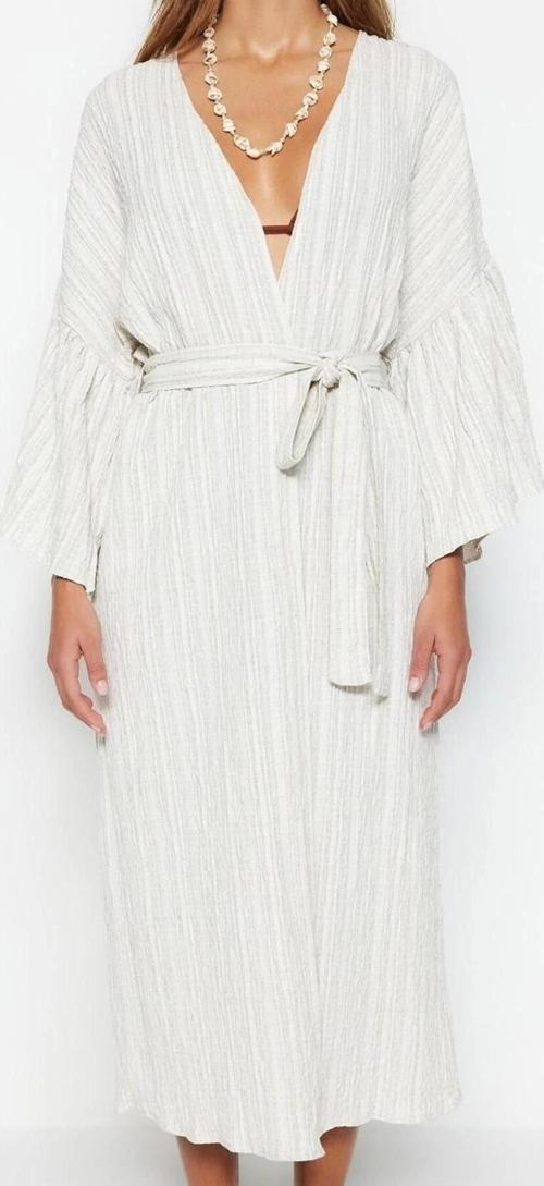 Moda Örme Regular Kalıp Uzun V Yaka Büzgülü/Fırfırlı Kol Müslin Basic Düz Desen Kimono Kaftan