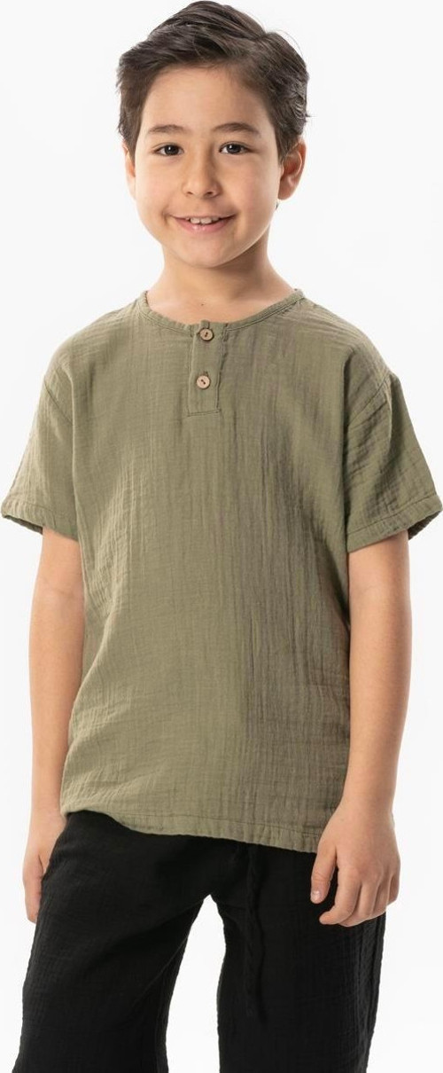 Kısa Kol Batı Cep Detaylı Yazlık Müslin Erkek Çocuk Tshirt Haki Hk