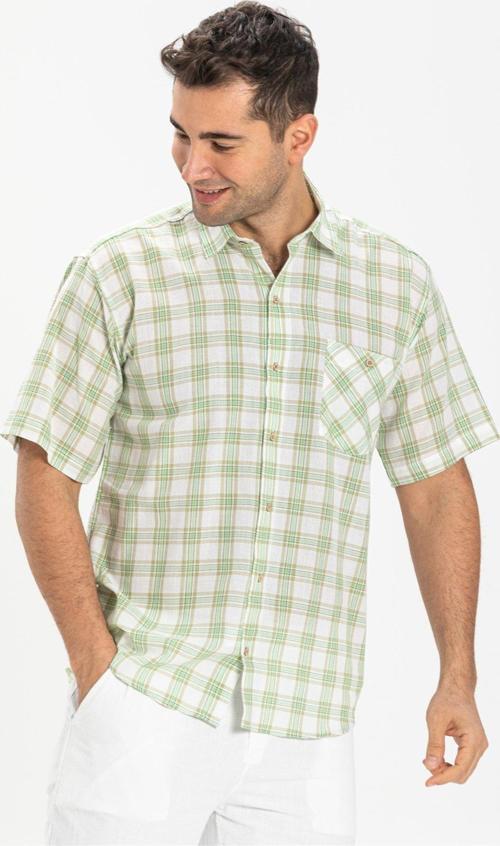Büyük Beden Kısa Kol Şile Bezi Tek Cepli Erkek Yazlık Gömlek Yeşil Ekose 3063