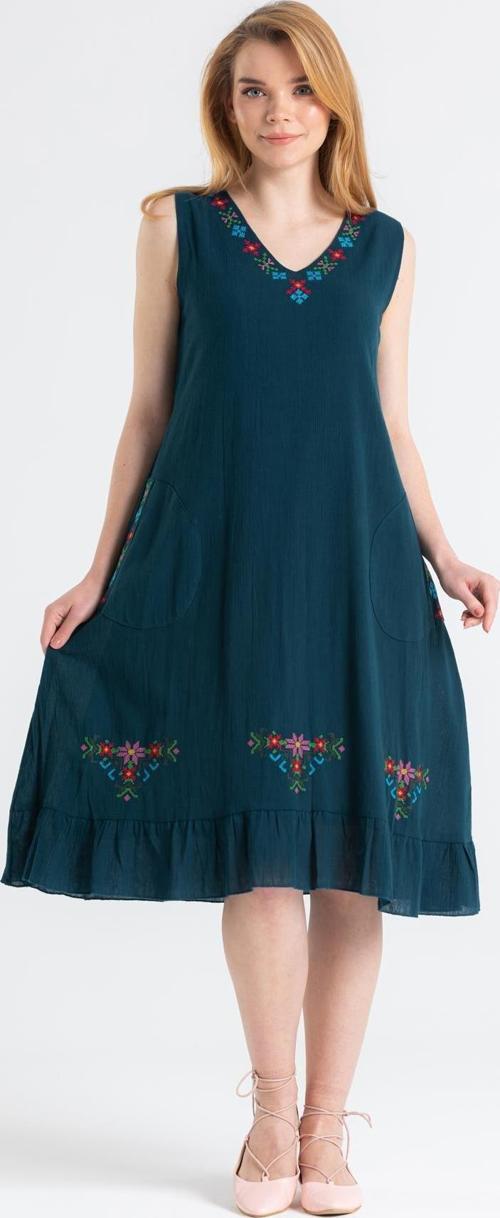 Kolsuz Şile Bezi Mehtap Midi Boy Yazlık Elbise Petrol Ptrl