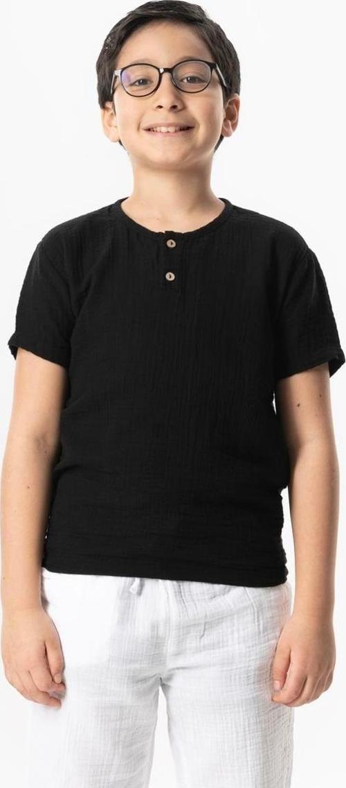 Kısa Kol Batı Cep Detaylı Yazlık Müslin Erkek Çocuk Tshirt Siyah Syh