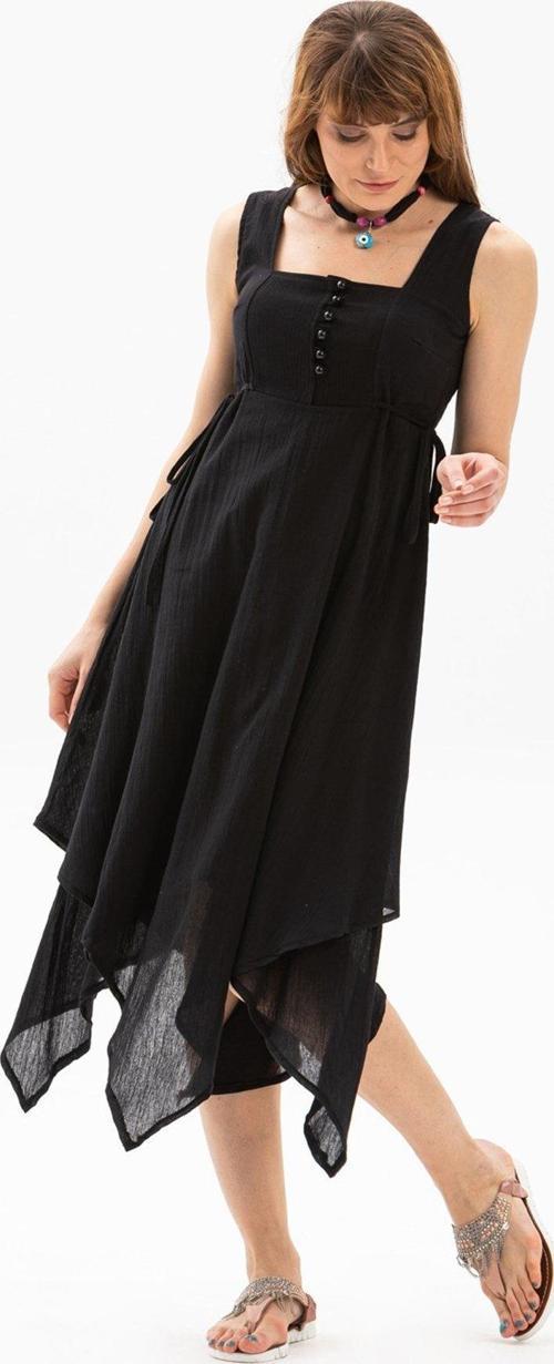 Kolsuz Şile Bezi Üçgen Katlı Midi Boy Yazlık Elbise Siyah Syh