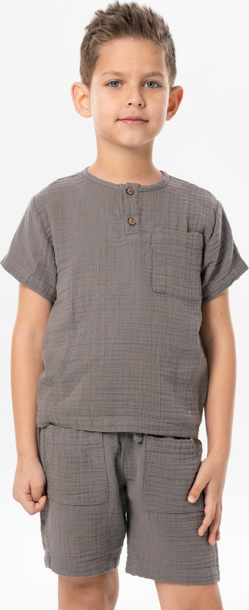 Kısa Kol Batı Cep Detaylı Yazlık Müslin Erkek Çocuk Tshirt Gri Gri