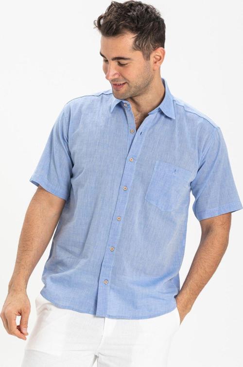 Büyük Beden Kısa Kol Şile Bezi Tek Cepli Erkek Yazlık Gömlek Mavi 3032