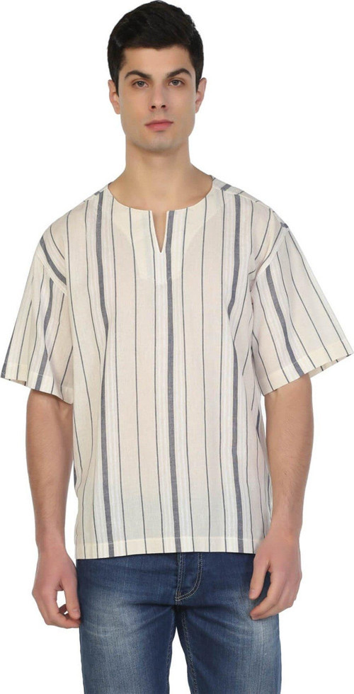 Büyük Beden Kısa Kol Şile Bezi Bisiklet Yaka Erkek Yazlık Tshirt Ekru Gri Çizgili 3028