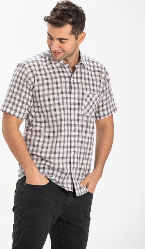 Büyük Beden Kısa Kol Şile Bezi Tek Cepli Erkek Yazlık Gömlek Füme Ekose 3039