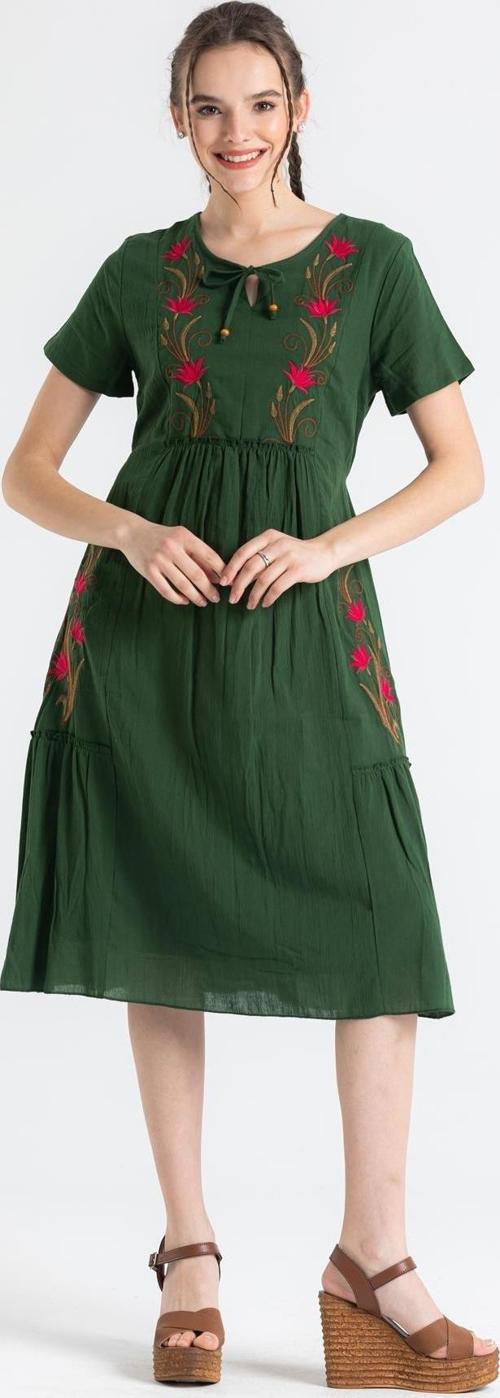 Kısa Kol Şile Bezi Lalezar Nakışlı Midi Boy Yazlık Elbise Yeşil Ysl