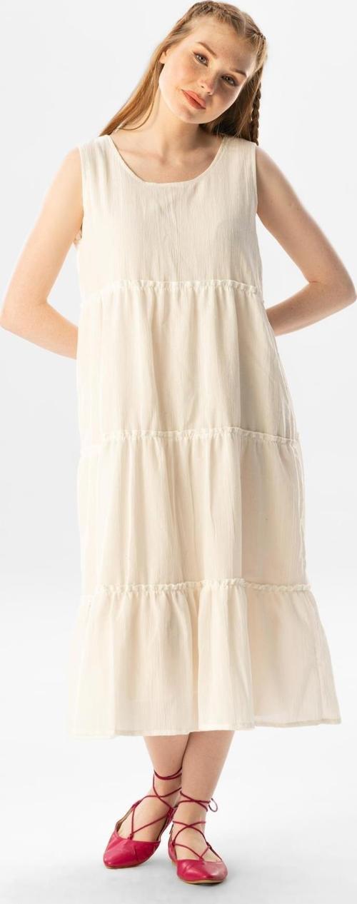 Kolsuz Şile Bezi Şule Midi Boy Fırfır Detaylı Yazlık Elbise Krem Krm