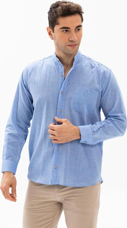 Büyük Beden Uzun Kol Şile Bezi Hakim Yaka Tek Cepli Erkek Yazlık Gömlek Mavi 3032