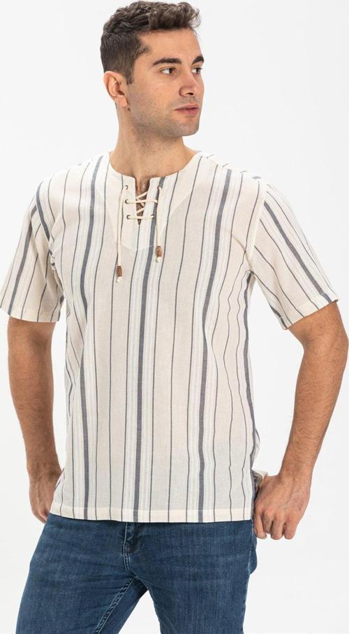 Büyük Beden Kısa Kol Şile Bezi Zımbalı Erkek Yazlık Tshirt Ekru Gri Çizgili 3028