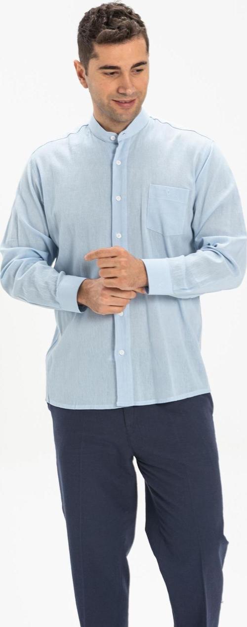 Büyük Beden Uzun Kol Şile Bezi Hakim Yaka Tek Cepli Erkek Yazlık Gömlek Buz Mavi 3027