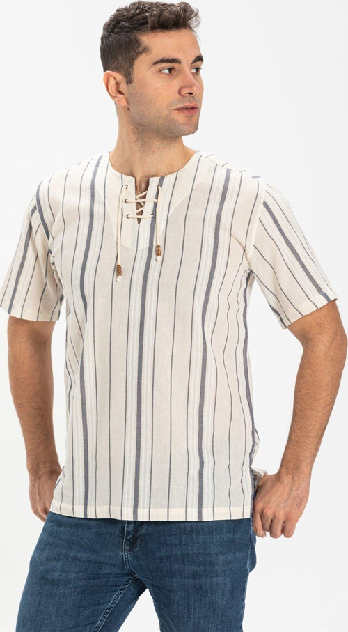 Büyük Beden Kısa Kol Şile Bezi Zımbalı Erkek Yazlık Tshirt Ekru Gri Çizgili 3028