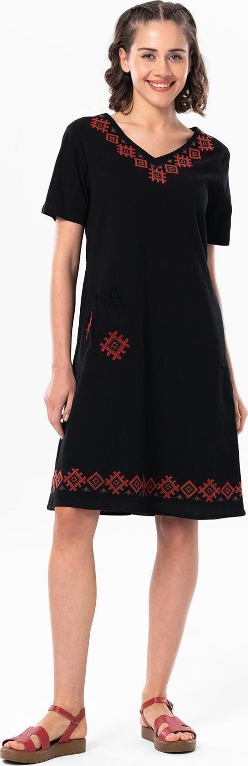 Kısa Kol Şile Bezi Kruvaze Yaka Nakışlı Tülin Midi Boy Yazlık Otantik Elbise Siyah Syh