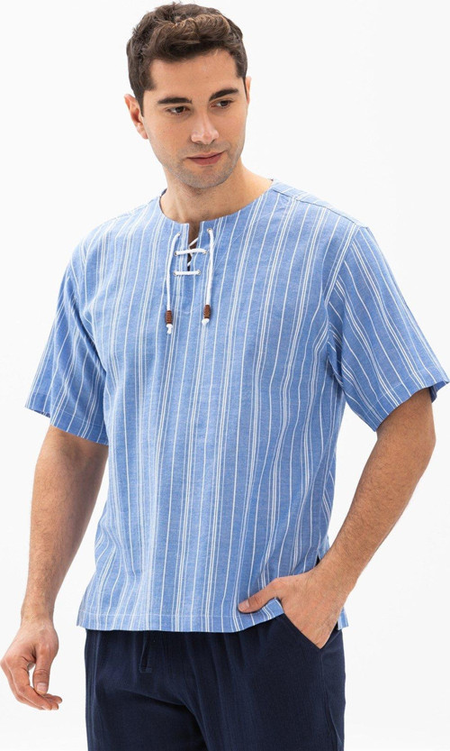 Büyük Beden Kısa Kol Şile Bezi Zımbalı Erkek Yazlık Tshirt Mavi Beyaz Çizgili 3019