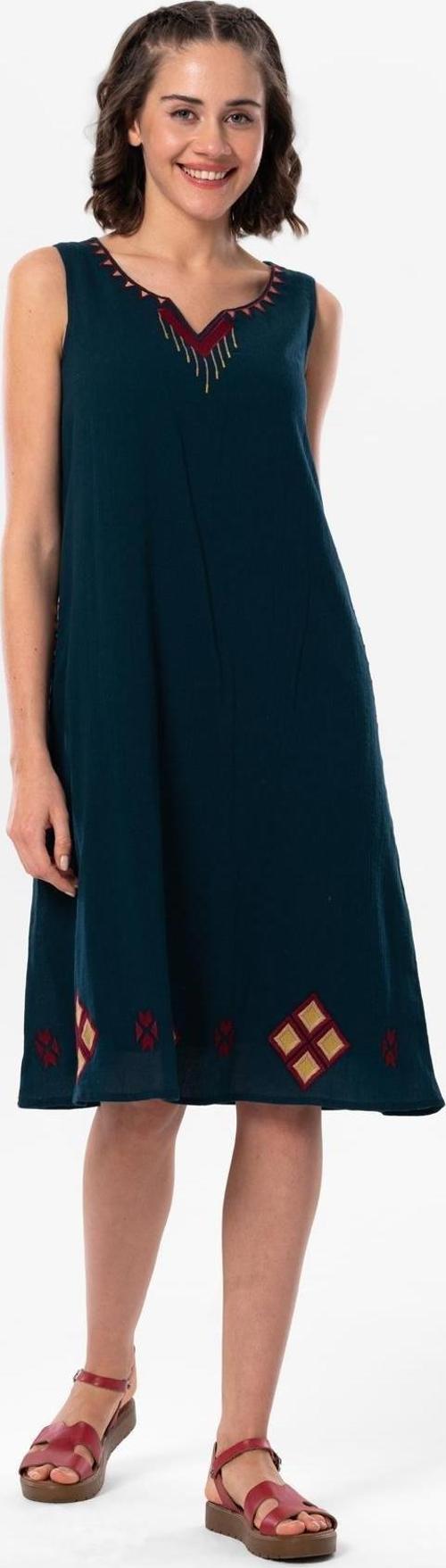 Kolsuz Şile Bezi Lilyum Nakışlı Kısa Yazlık Otantik Elbise Petrol Ptrl