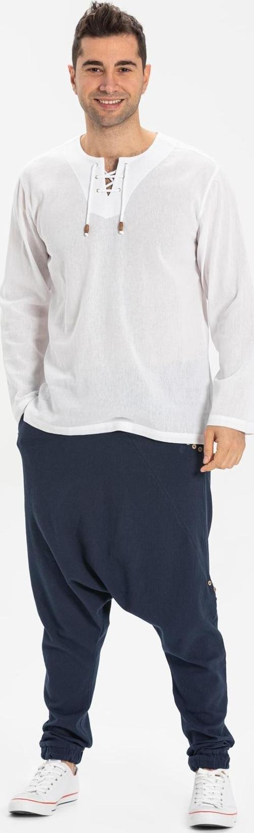 Büyük Beden Şile Bezi Uzun Kol Zımbalı Erkek Yazlık Tshirt Beyaz 3001