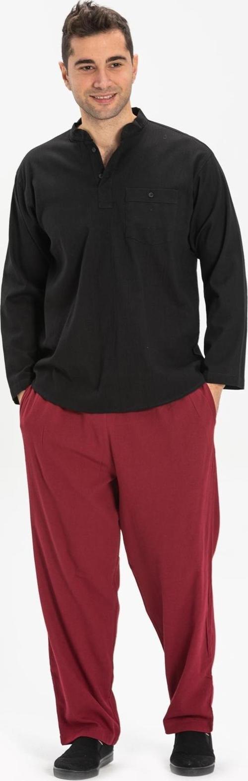 Büyük Beden Şile Bezi Uzun Kol Tek Cepli Hakim Yaka Erkek Yazlık Tshirt Siyah 3003