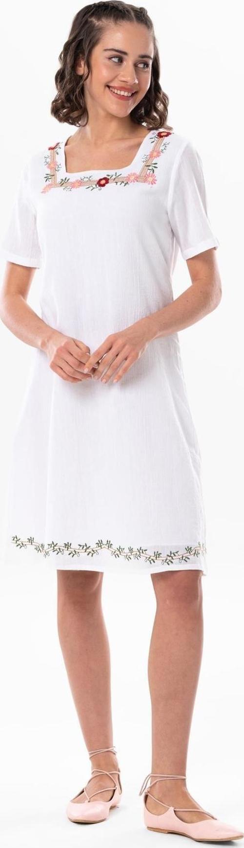 Kısa Kol Şile Bezi Kare Yaka Narin Kısa Yazlık Elbise Beyaz Byz