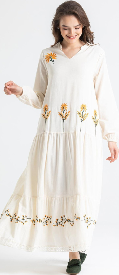 Uzun Kol Şile Bezi Aslı Nakışlı Uzun Yazlık Elbise Krem Krm