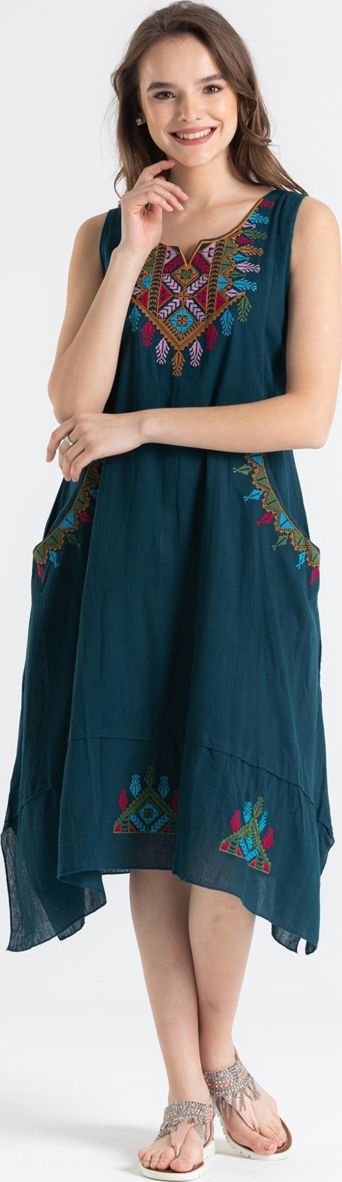 Kolsuz Şile Bezi Antik Nakışlı Midi Boy Yazlık Elbise Petrol Ptrl