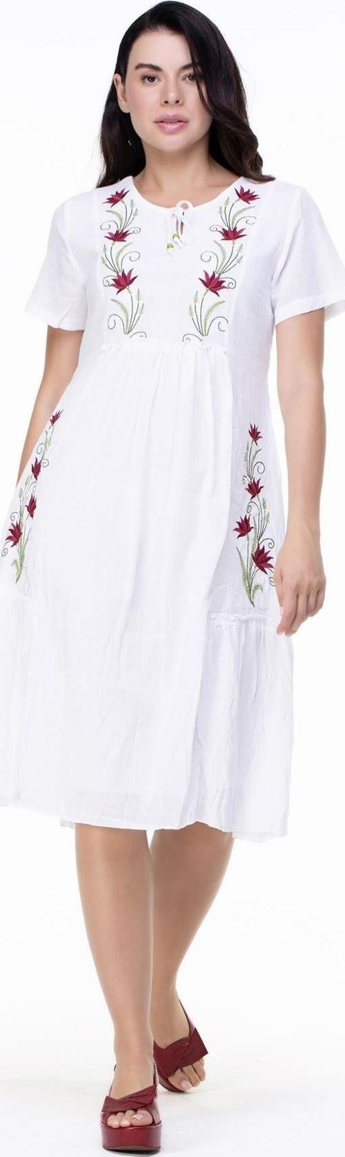 Kısa Kol Şile Bezi Lalezar Nakışlı Midi Boy Yazlık Elbise Beyaz Byz