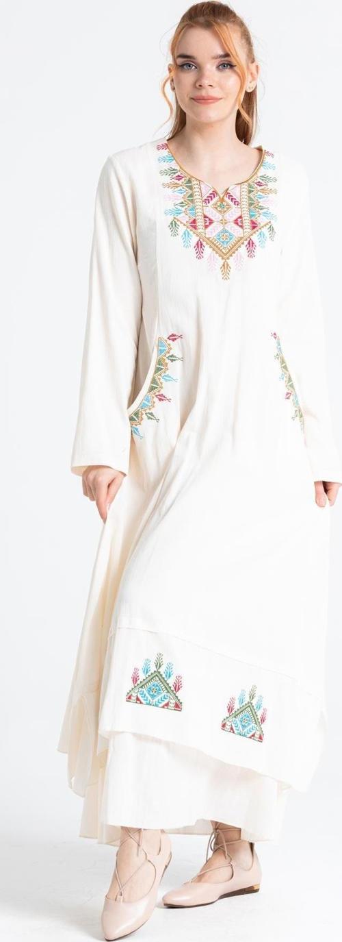 Uzun Kol Şile Bezi Nakışlı Antik Uzun Tesettür Otantik Elbise Krem Krm