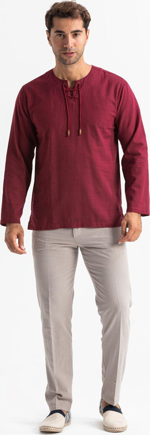 Büyük Beden Şile Bezi Uzun Kol Zımbalı Erkek Yazlık Tshirt Koyu Bordo 3068