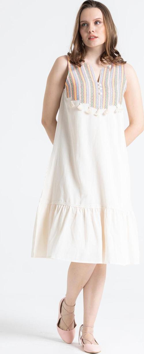 Kolsuz Şile Bezi Ilgaz Midi Boy Yazlık Elbise Krem Krm