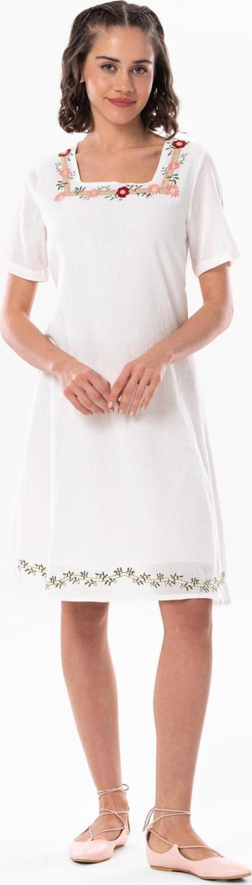 Kısa Kol Şile Bezi Kare Yaka Narin Kısa Yazlık Elbise Krem Krm