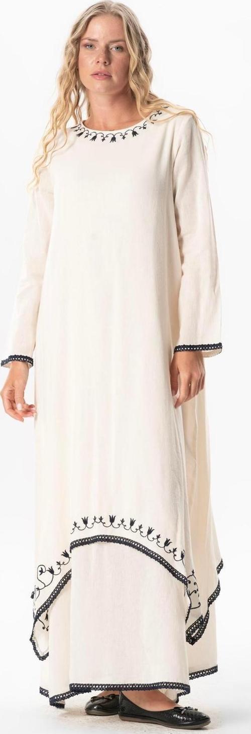 Uzun Kol Şile Bezi Lerzan Oval Yaka Nakışlı Yazlık Elbise Krem Krm