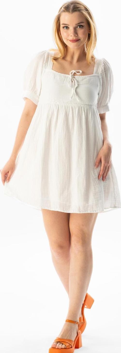 Kısa Kol Lara Kare Yaka Bağlama Detaylı Yazlık Müslin Elbise Beyaz Byz