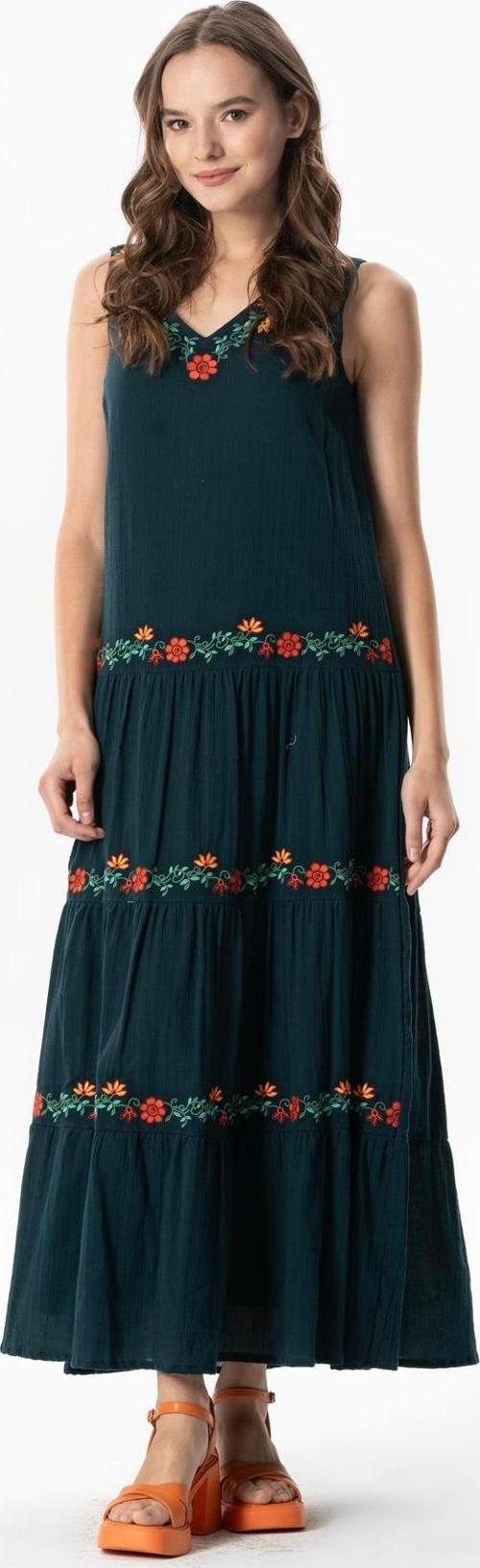 Kolsuz Şile Bezi Bahar V Yaka Nakışlı Uzun Yazlık Elbise Petrol Ptrl