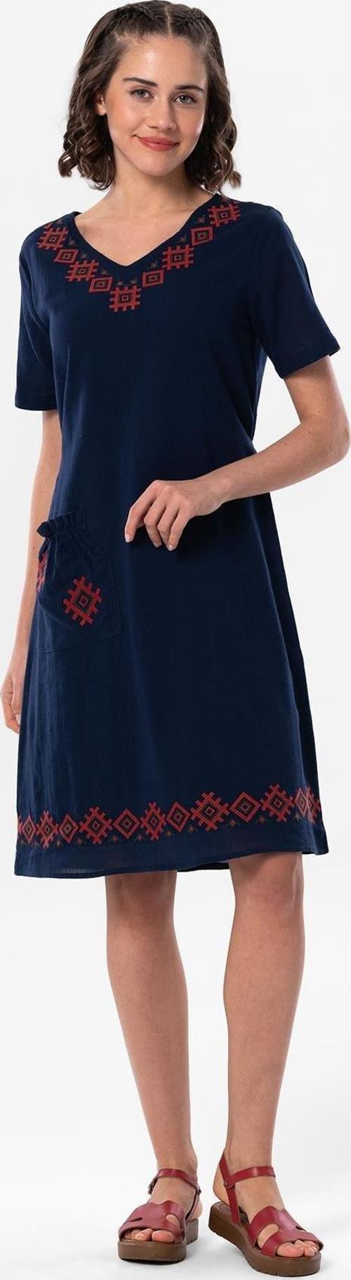 Kısa Kol Şile Bezi Kruvaze Yaka Nakışlı Tülin Midi Boy Yazlık Otantik Elbise Lacivert Lcvt