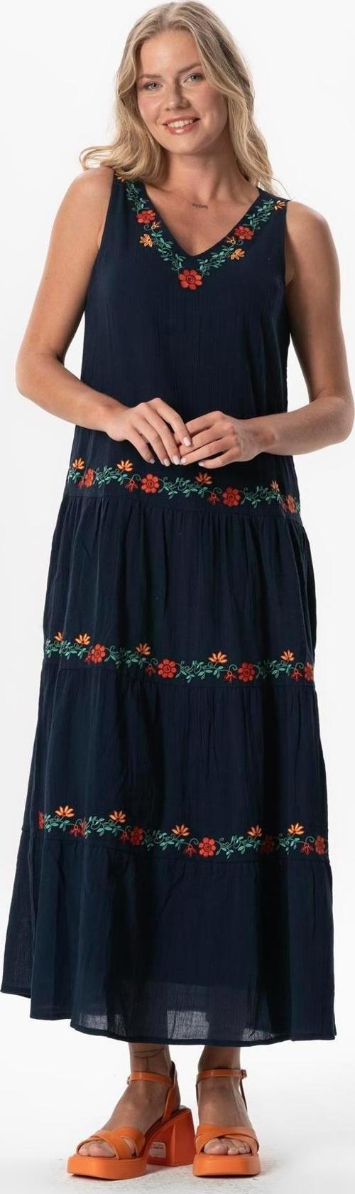 Kolsuz Şile Bezi Bahar V Yaka Nakışlı Uzun Yazlık Elbise Lacivert Lcvt