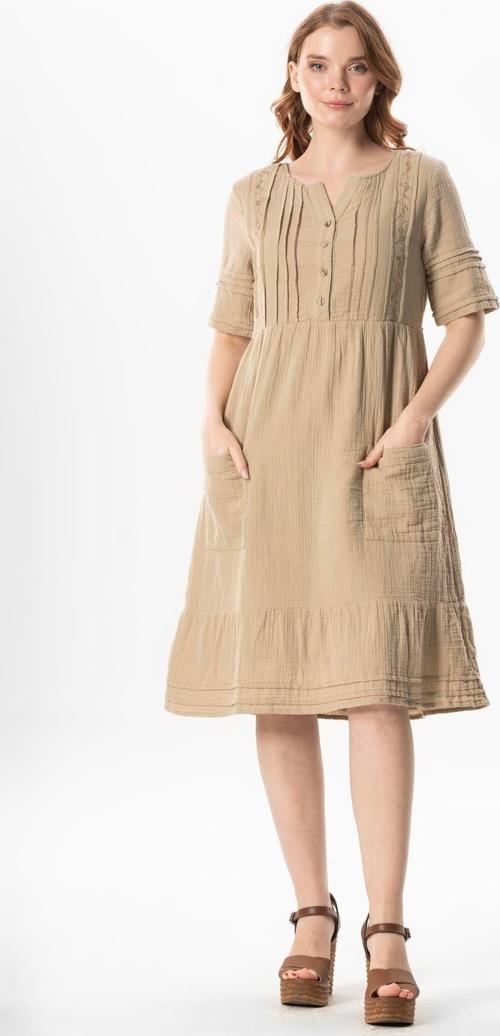 Kısa Kol Kare Yaka Dora Cep Detaylı Midi Boy Müslin Yazlık Elbise Vizon Vzn