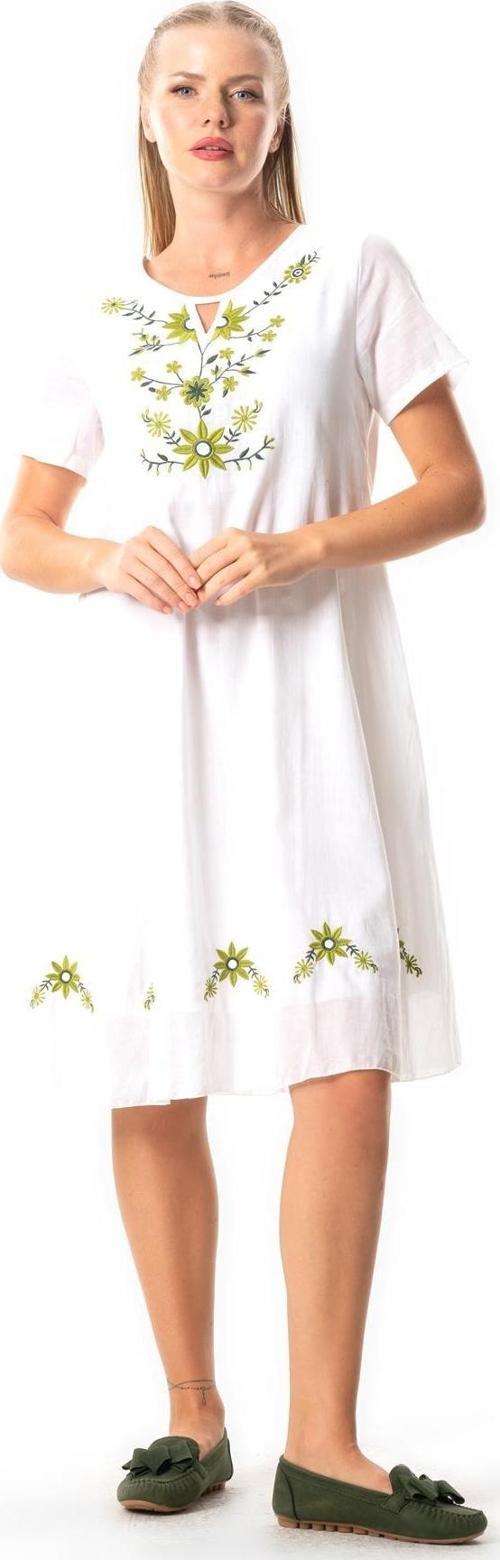 Kısa Kol Vual Neslihan Midi Boy Çiçek Desen Yazlık Elbise Beyaz Byz