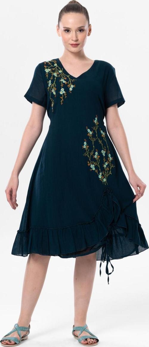 Kısa Kol Vual Candan Midi Boy Bahar Dalı Yazlık Otantik Elbise Petrol Ptrl