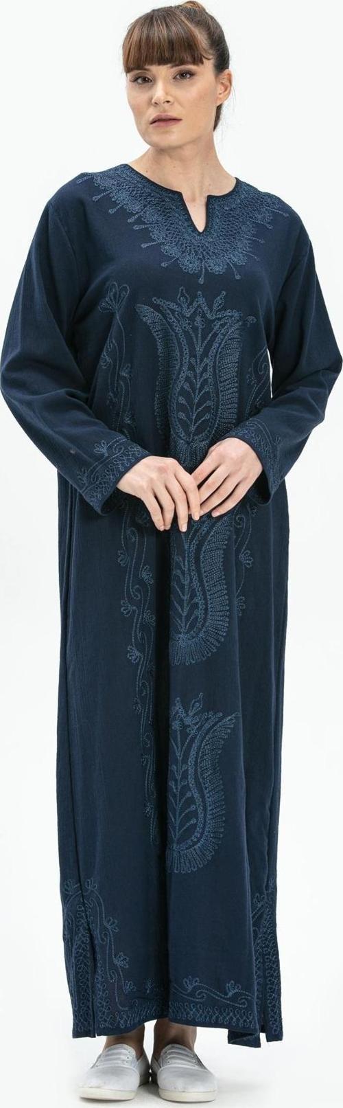 Uzun Kol Şile Bezi Simli Kaftan Midi Boy Yazlık Elbise Lacivert Lcvt