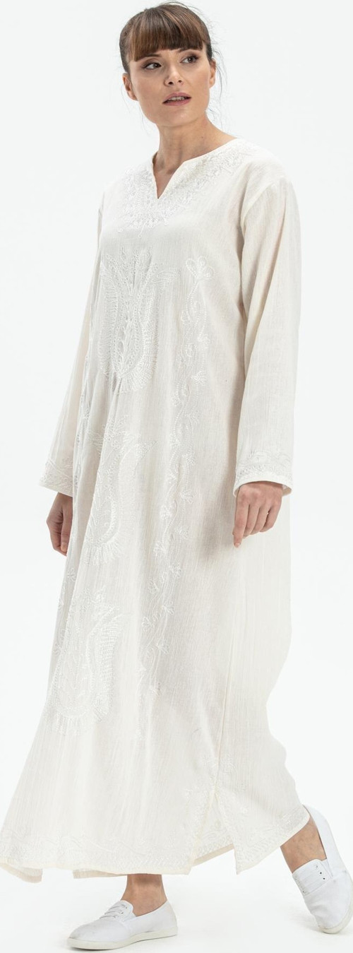Uzun Kol Şile Bezi Simli Kaftan Midi Boy Yazlık Elbise Krem Krm