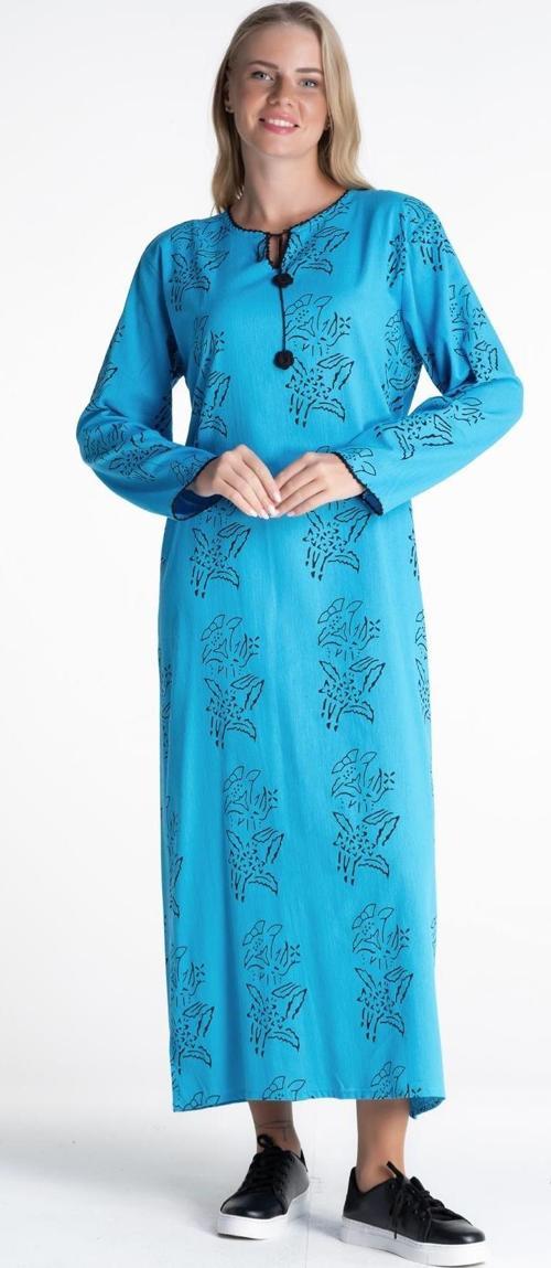 Uzun Kol Şile Bezi Baskılı Uzun Zambak Desen Yazlık Elbise Turkuaz Trkz