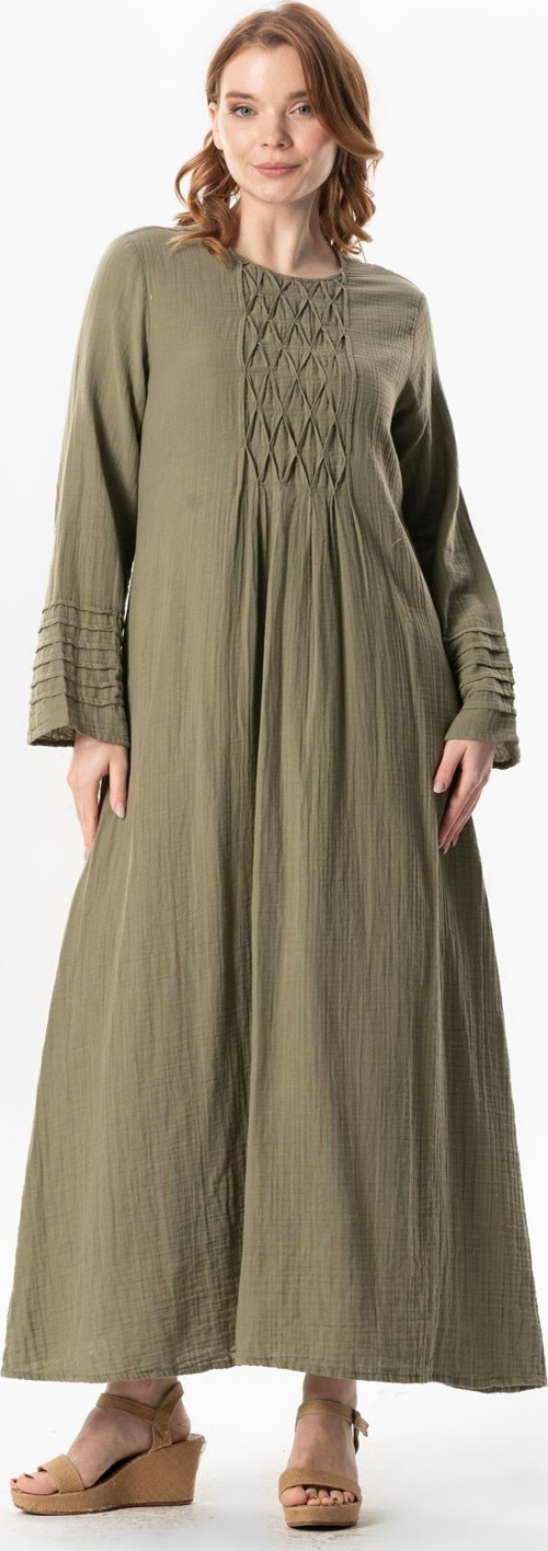 Uzun Kol Şahika Nervür Detaylı Uzun Müslin Yazlık Elbise Haki Hk