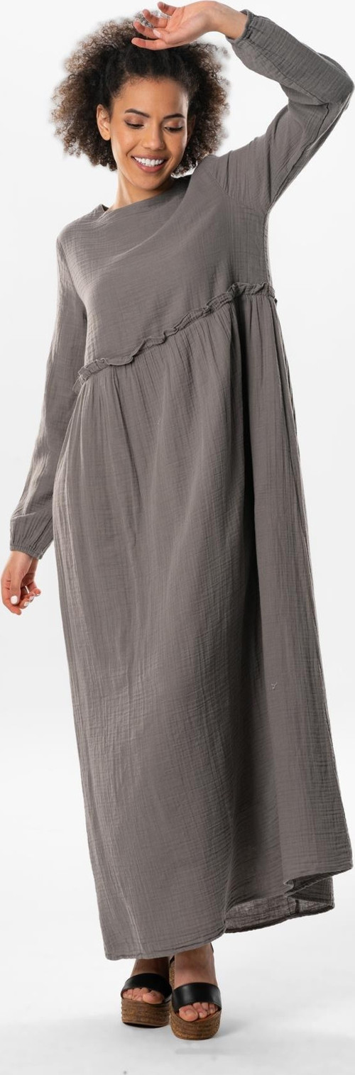 Uzun Kol Oylum Robalı Uzun Yazlık Müslin Elbise Gri Gri