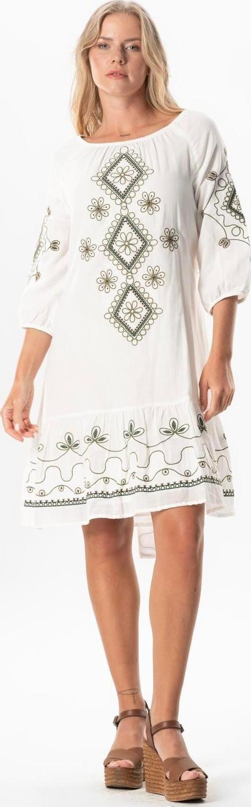 Yarım Kol Vual Yeşim Kemer Detaylı Nakışlı Kısa Yazlık Elbise Krem Krm