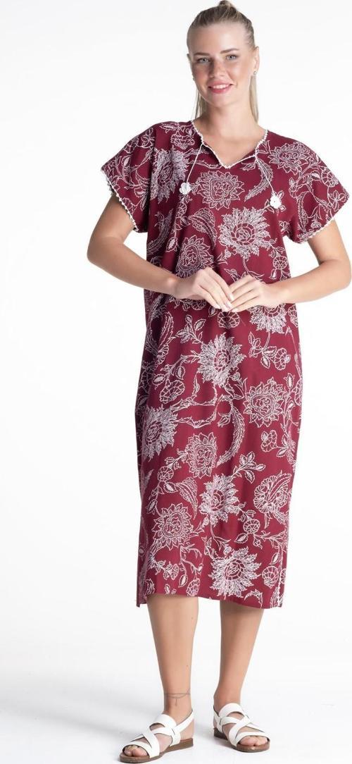 Kısa Kol Şile Bezi Baskılı Uzun Yazlık Elbise Çınar Desen Bordo Brd
