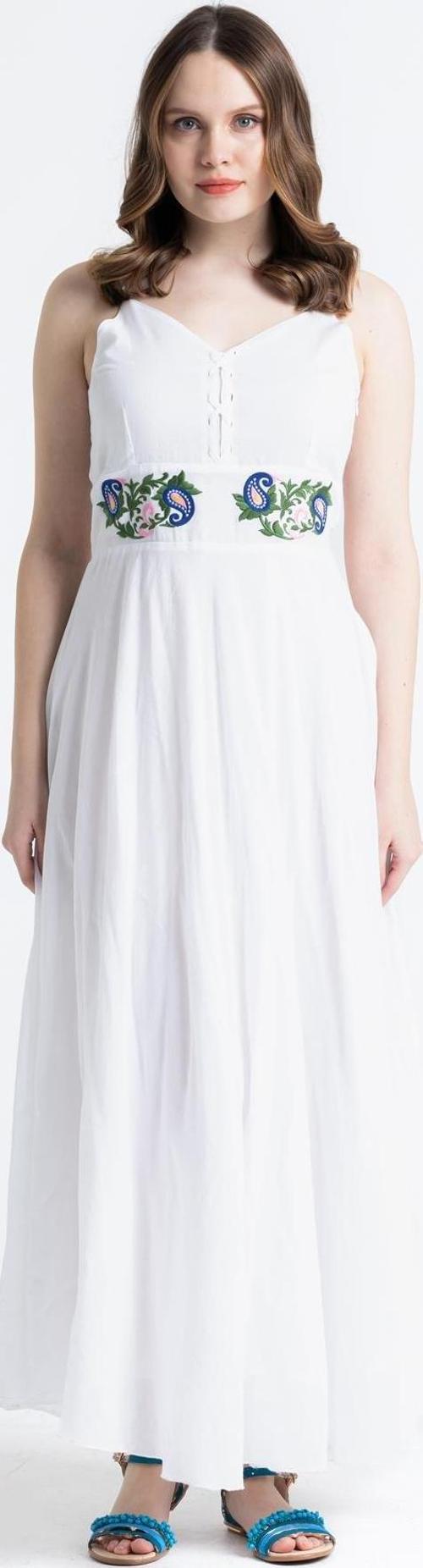 Askılı Vual Seyran Nakışlı Uzun Yazlık Elbise Beyaz Byz