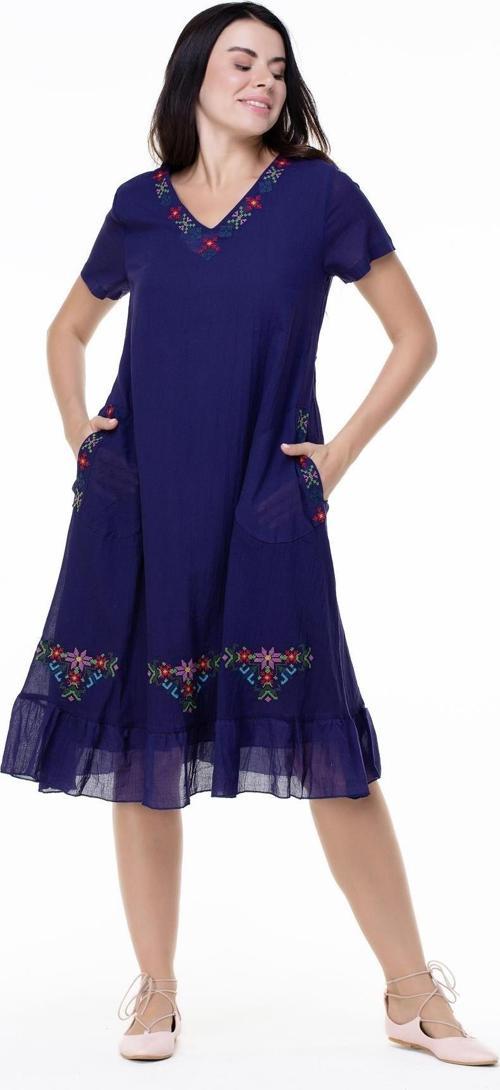 Kısa Kol Vual Mehtap Nakış Detaylı Midi Boy Yazlık Otantik Elbise Mor Mor