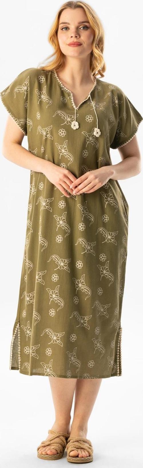 Kısa Kol Şile Bezi Baskılı Midi Boy Yazlık Elbise Serpme Desen Haki Hk